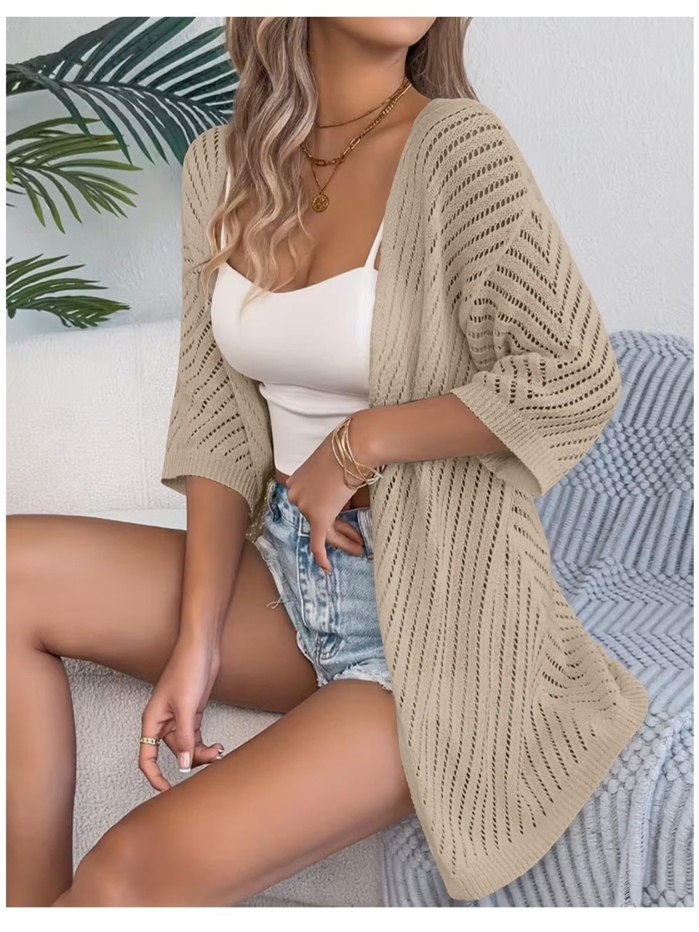 Light Beige Open-Knit Women's Cardigan Sweater